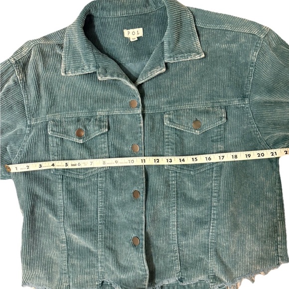POL Blue Button Down Corduroy Trucker Jacket with Raw Hem Teal, Size Medium - Picture 8 of 12